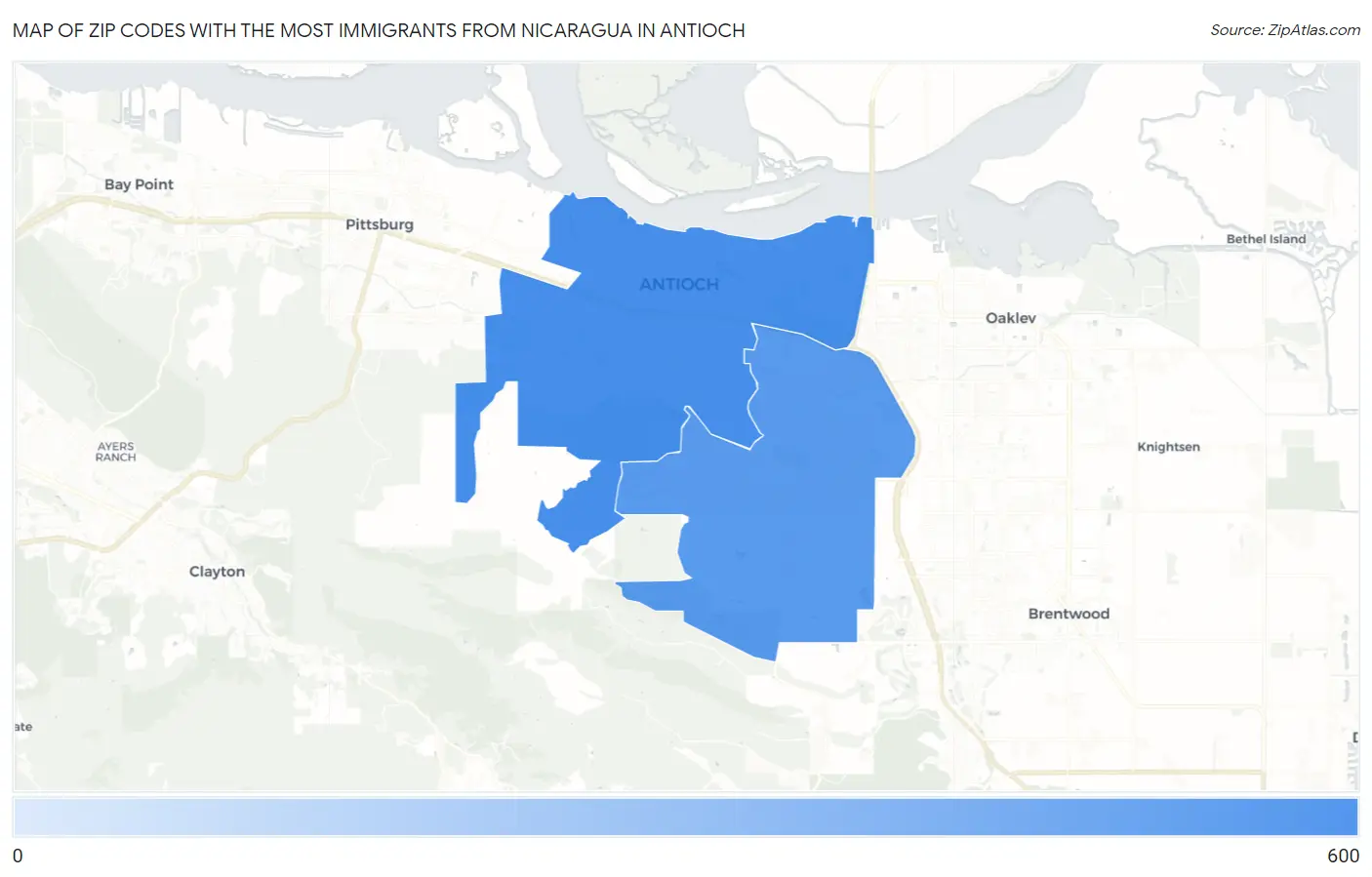 Zip Codes with the Most Immigrants from Nicaragua in Antioch Map