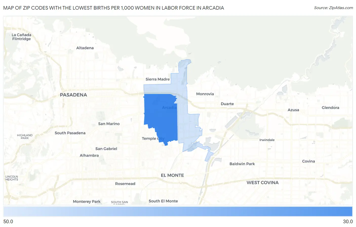 Zip Codes with the Lowest Births per 1,000 Women in Labor Force in Arcadia Map