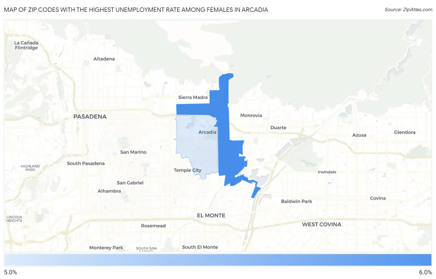 Zip Codes with the Highest Unemployment Rate Among Females in Arcadia Map