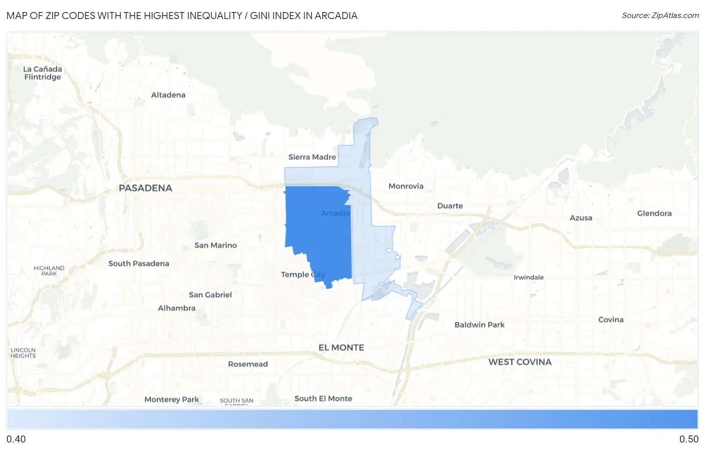 Zip Codes with the Highest Inequality / Gini Index in Arcadia Map