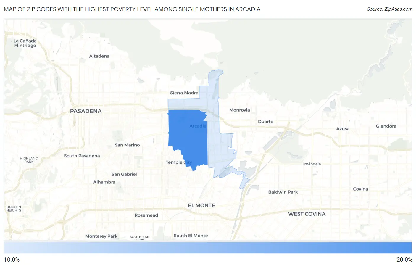 Zip Codes with the Highest Poverty Level Among Single Mothers in Arcadia Map