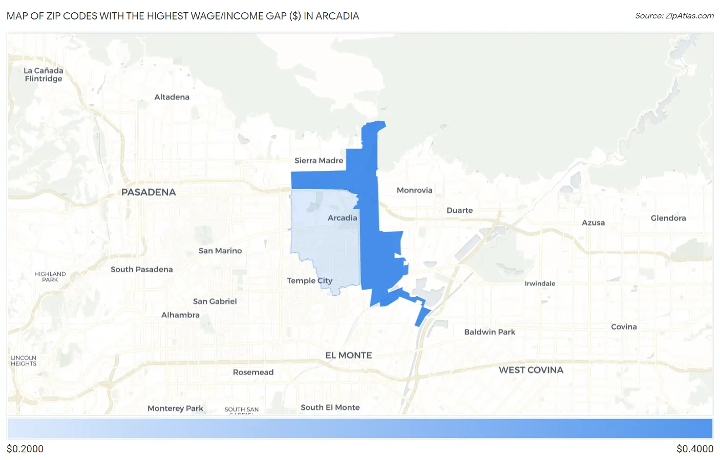 Zip Codes with the Highest Wage/Income Gap ($) in Arcadia Map