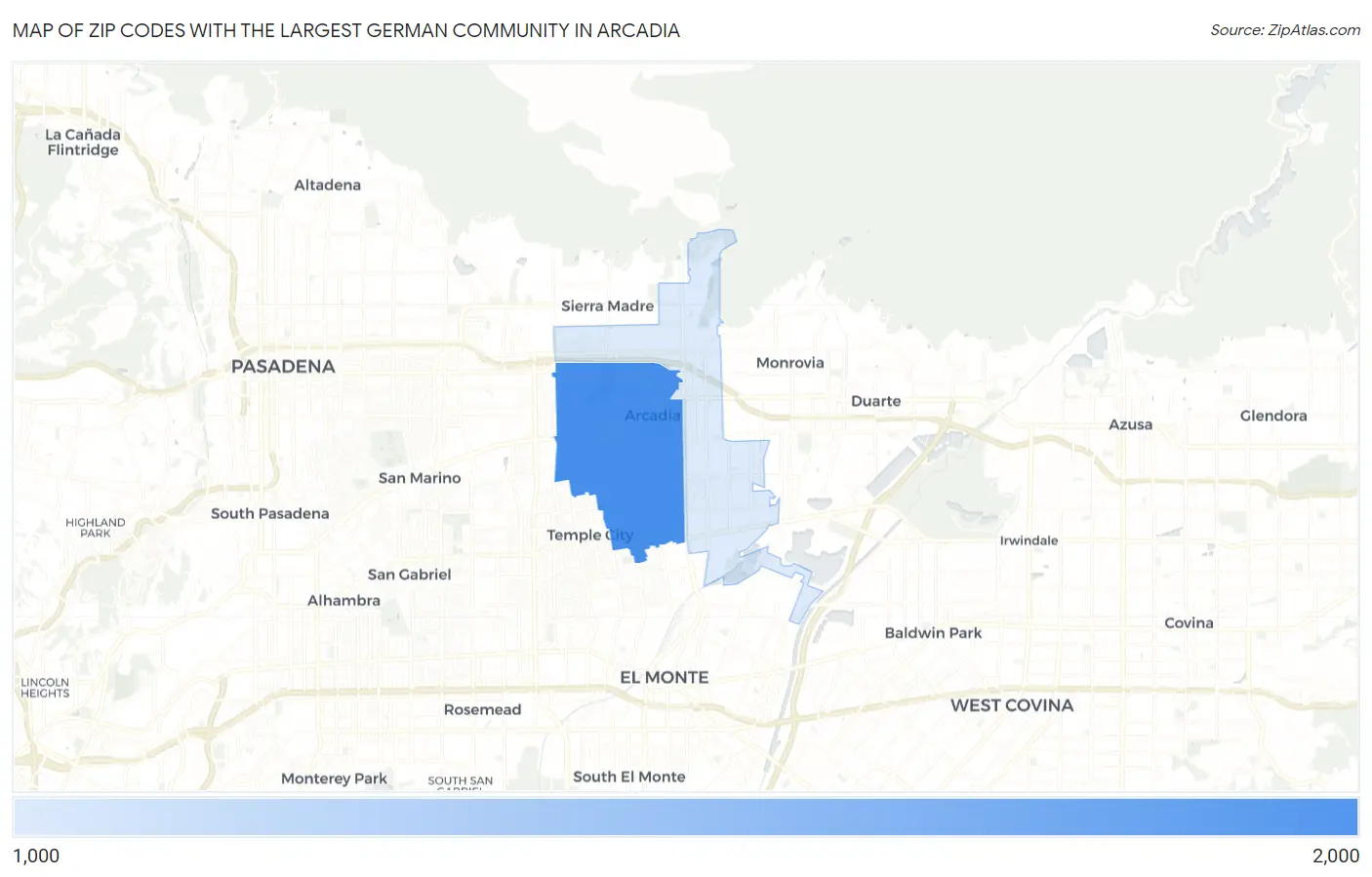 Zip Codes with the Largest German Community in Arcadia Map