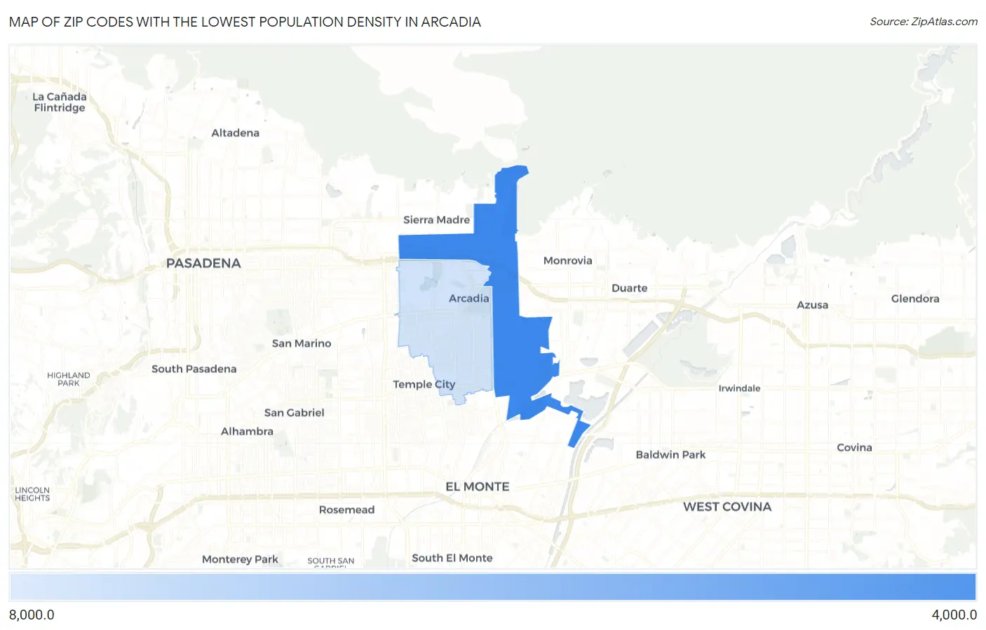 Zip Codes with the Lowest Population Density in Arcadia Map