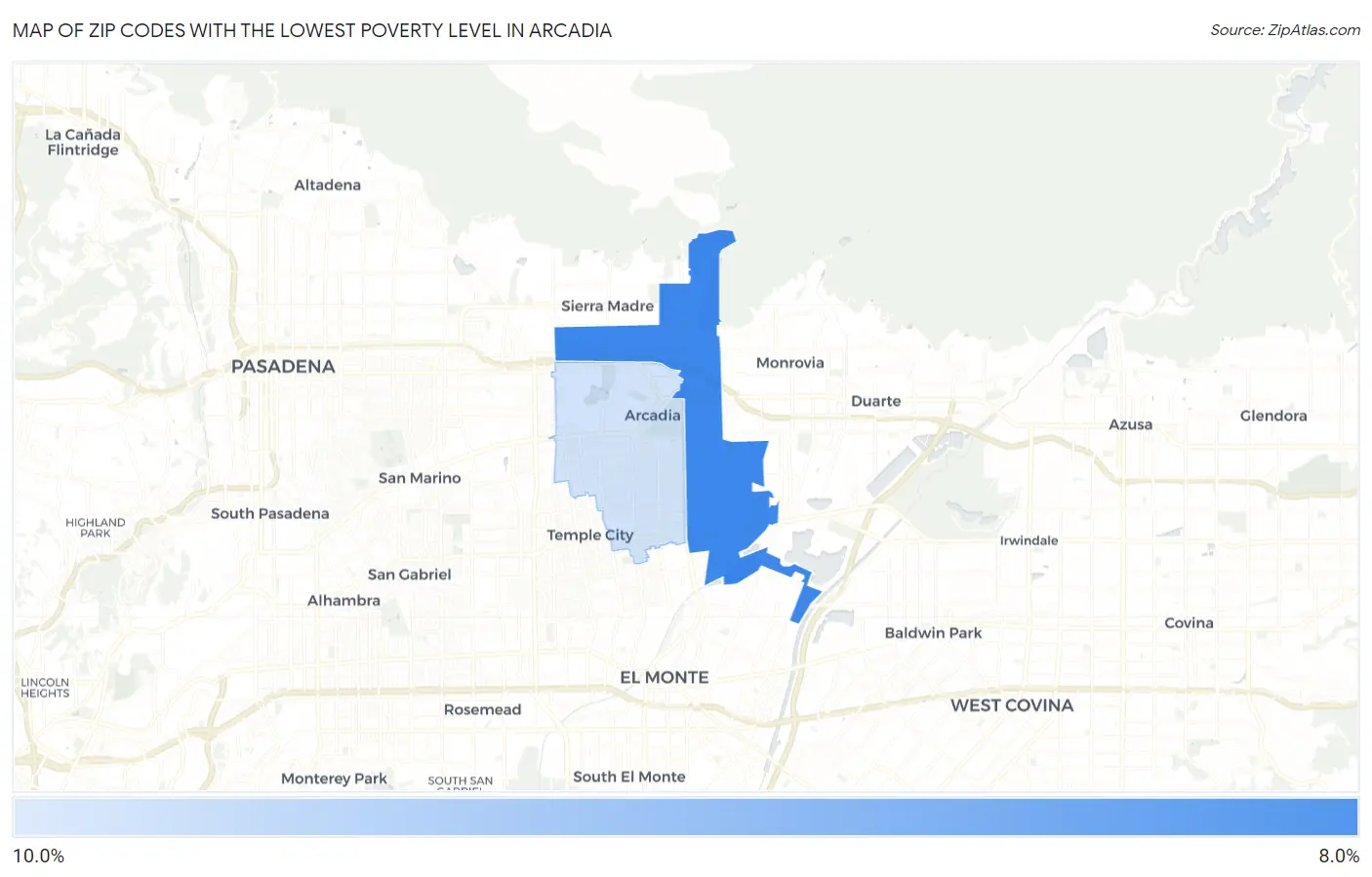 Zip Codes with the Lowest Poverty Level in Arcadia Map