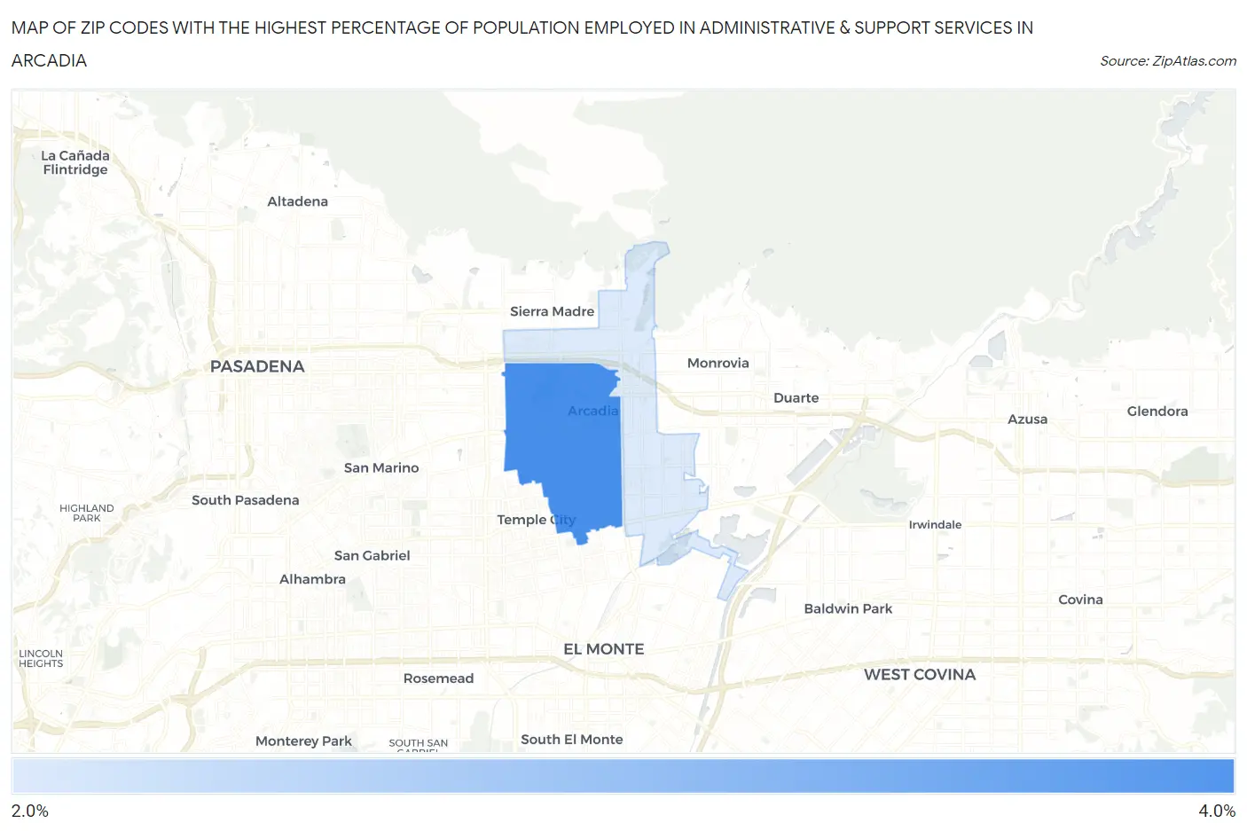 Zip Codes with the Highest Percentage of Population Employed in Administrative & Support Services in Arcadia Map