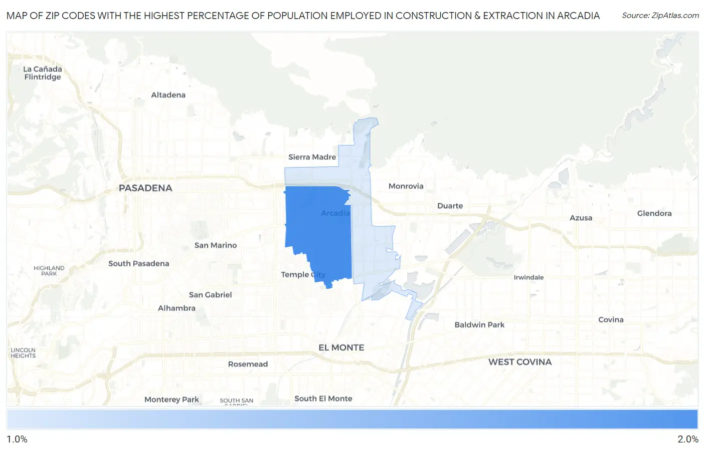 Zip Codes with the Highest Percentage of Population Employed in Construction & Extraction in Arcadia Map