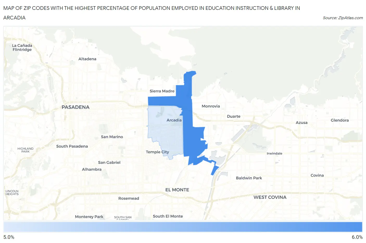 Zip Codes with the Highest Percentage of Population Employed in Education Instruction & Library in Arcadia Map