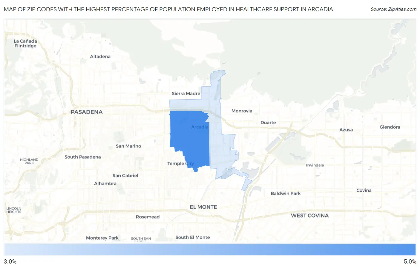 Zip Codes with the Highest Percentage of Population Employed in Healthcare Support in Arcadia Map