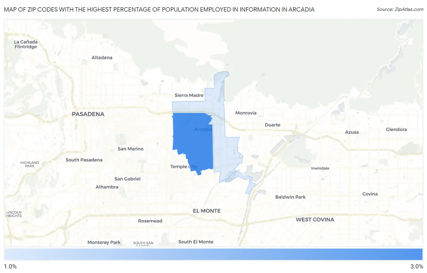 Zip Codes with the Highest Percentage of Population Employed in Information in Arcadia Map