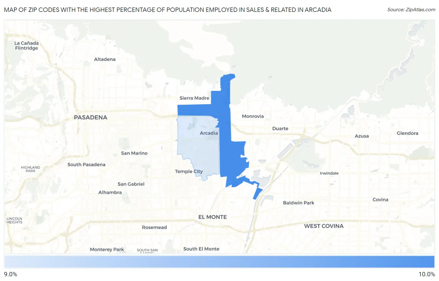 Zip Codes with the Highest Percentage of Population Employed in Sales & Related in Arcadia Map