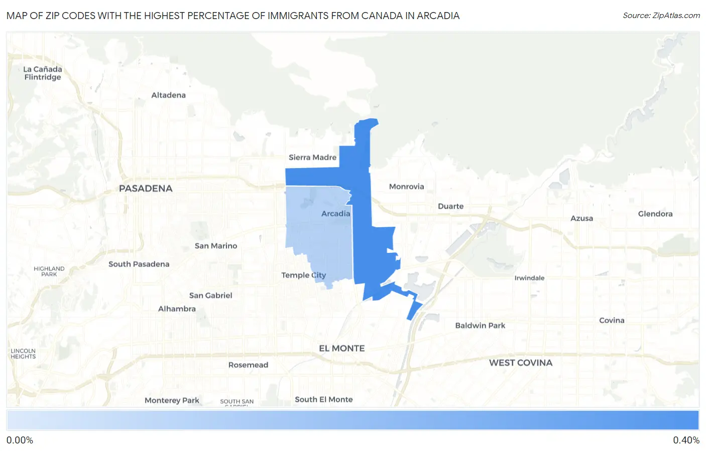 Zip Codes with the Highest Percentage of Immigrants from Canada in Arcadia Map
