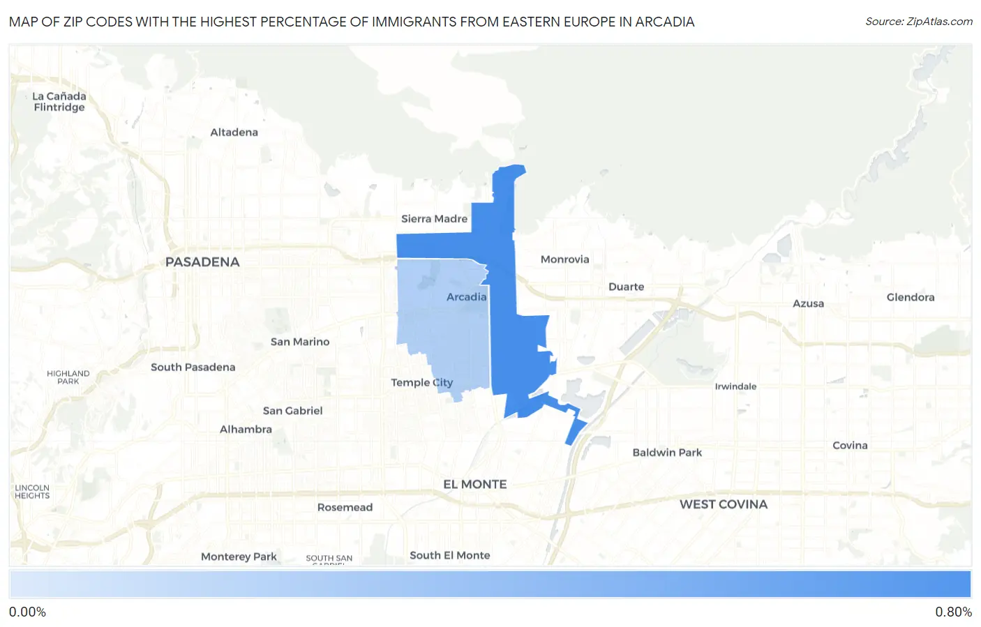 Zip Codes with the Highest Percentage of Immigrants from Eastern Europe in Arcadia Map