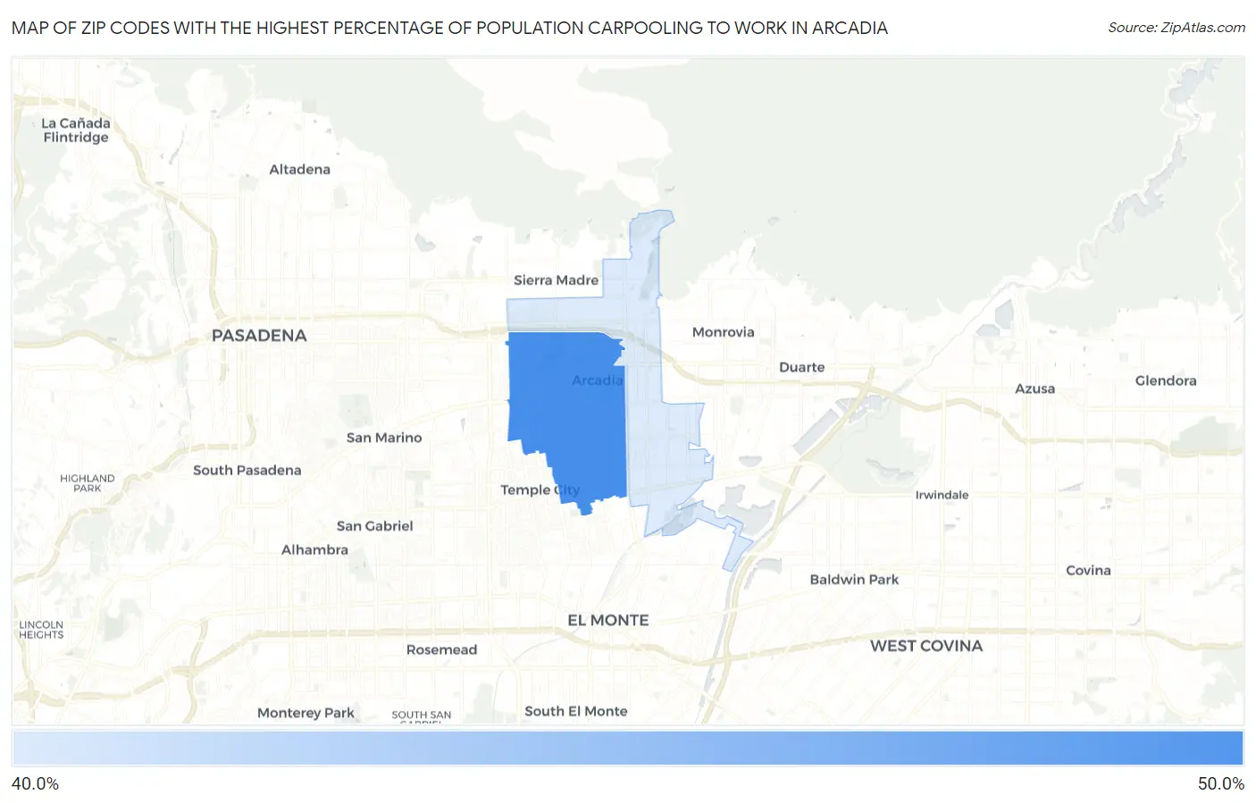 Zip Codes with the Highest Percentage of Population Carpooling to Work in Arcadia Map