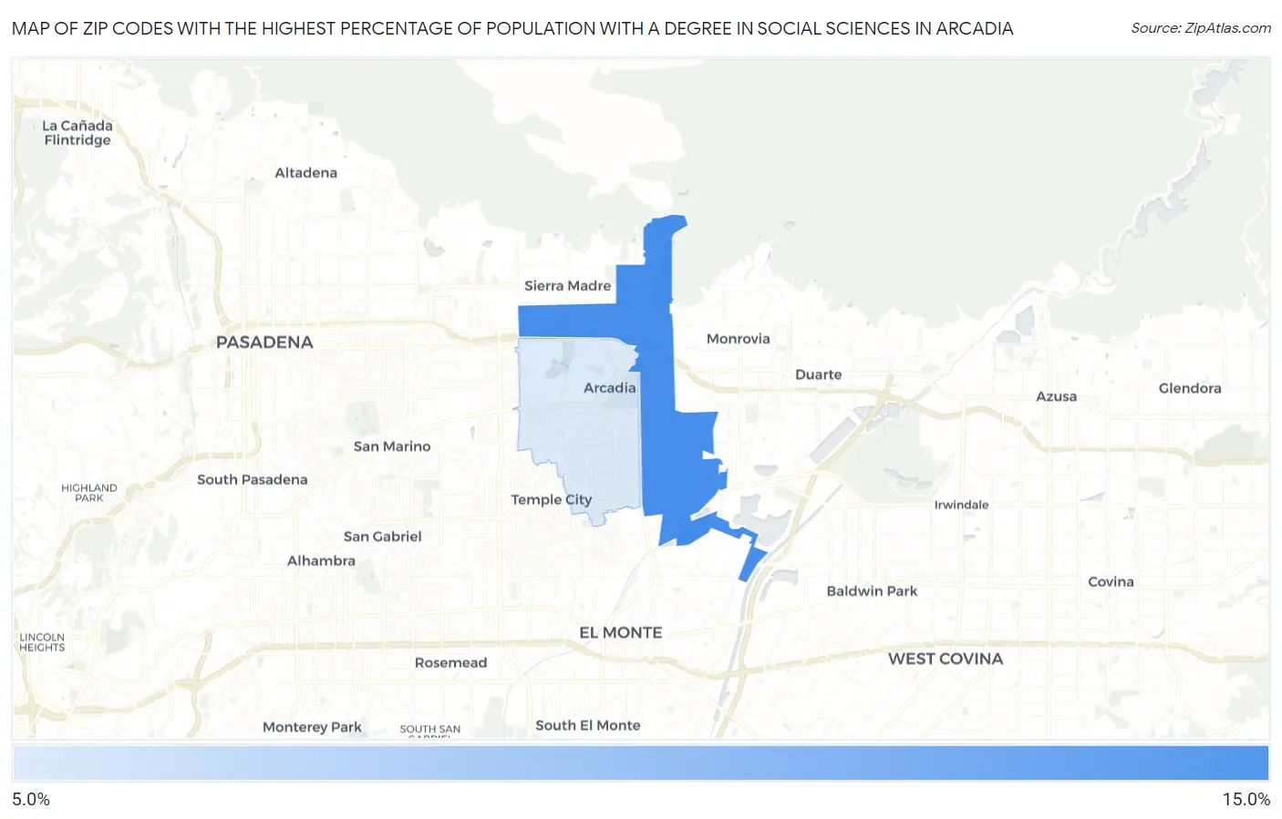 Zip Codes with the Highest Percentage of Population with a Degree in Social Sciences in Arcadia Map