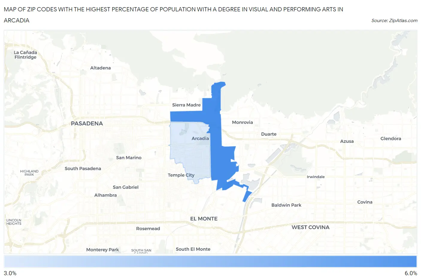 Zip Codes with the Highest Percentage of Population with a Degree in Visual and Performing Arts in Arcadia Map