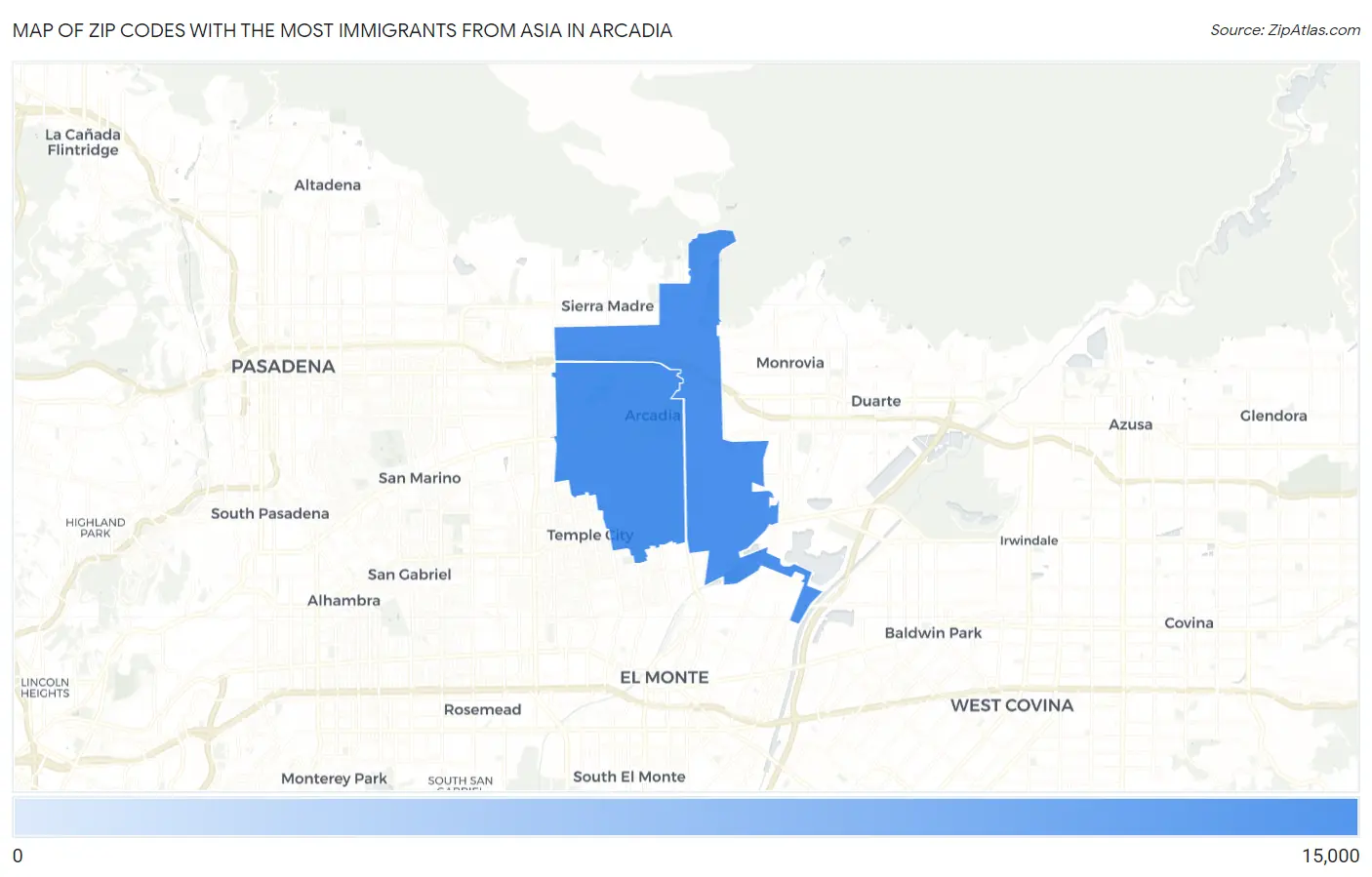 Zip Codes with the Most Immigrants from Asia in Arcadia Map