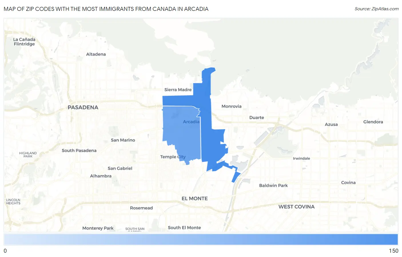 Zip Codes with the Most Immigrants from Canada in Arcadia Map