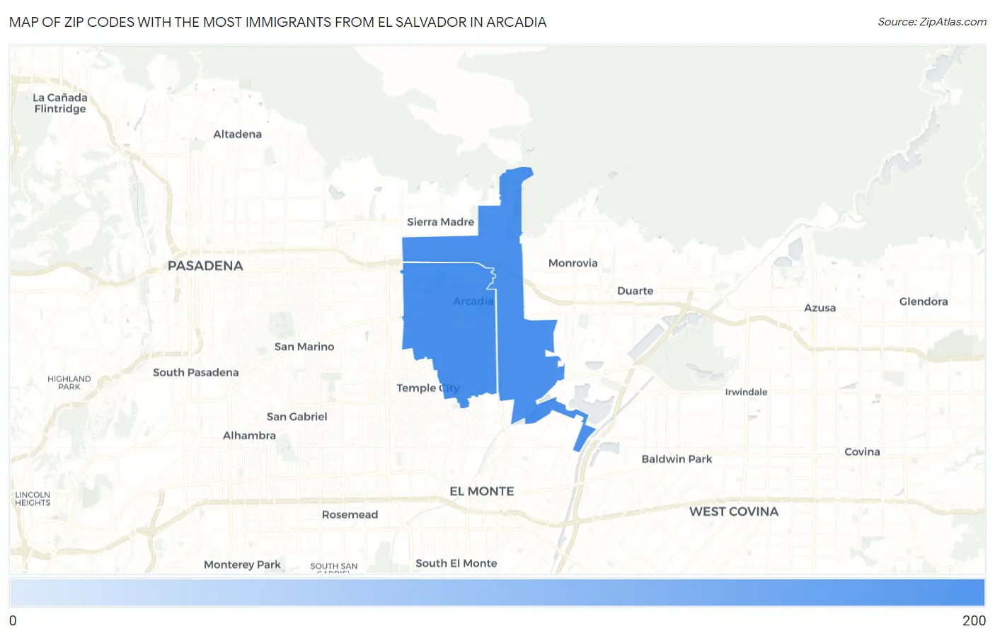 Zip Codes with the Most Immigrants from El Salvador in Arcadia Map