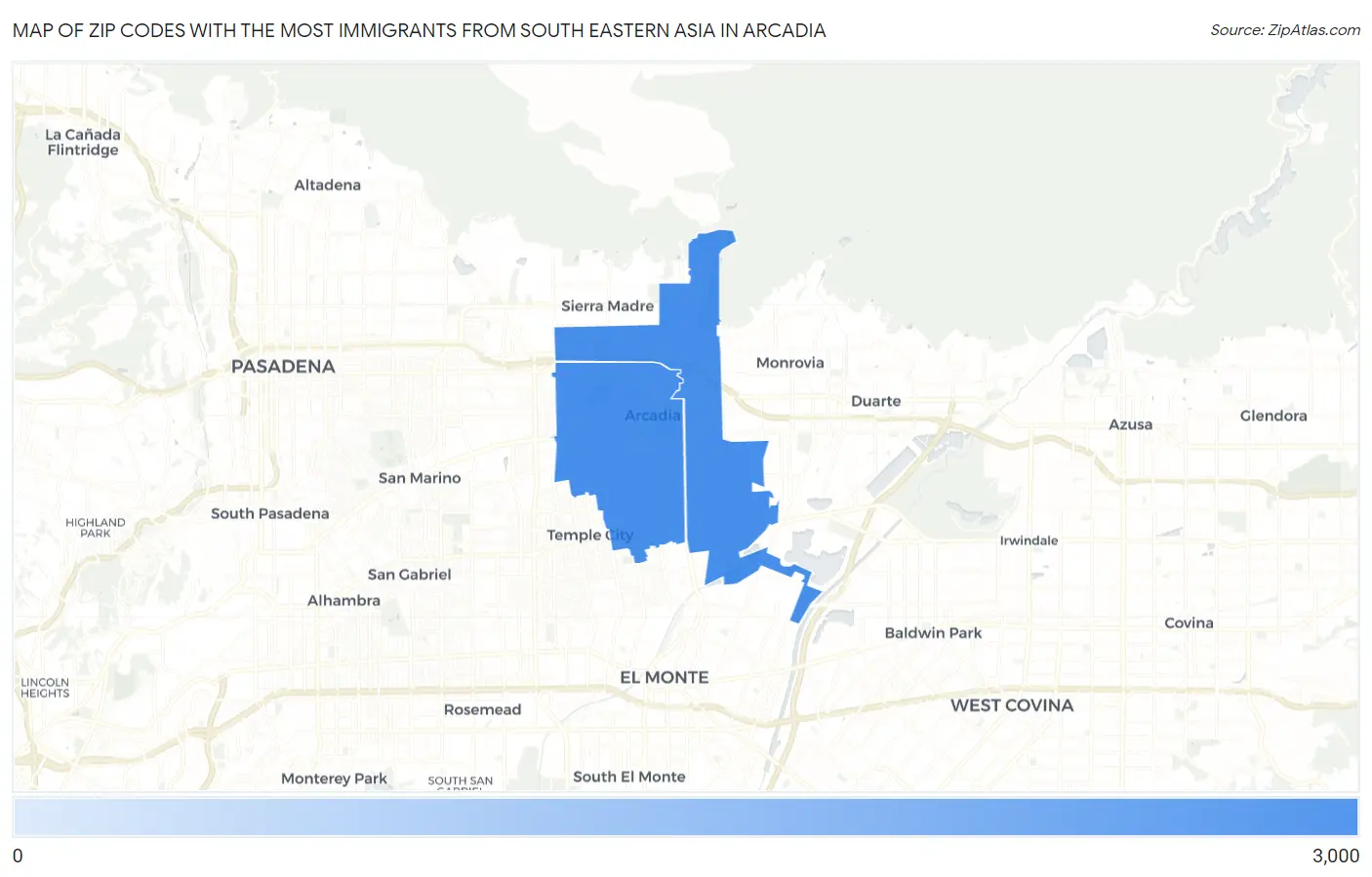 Zip Codes with the Most Immigrants from South Eastern Asia in Arcadia Map