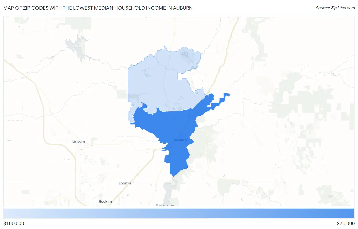 Zip Codes with the Lowest Median Household Income in Auburn Map