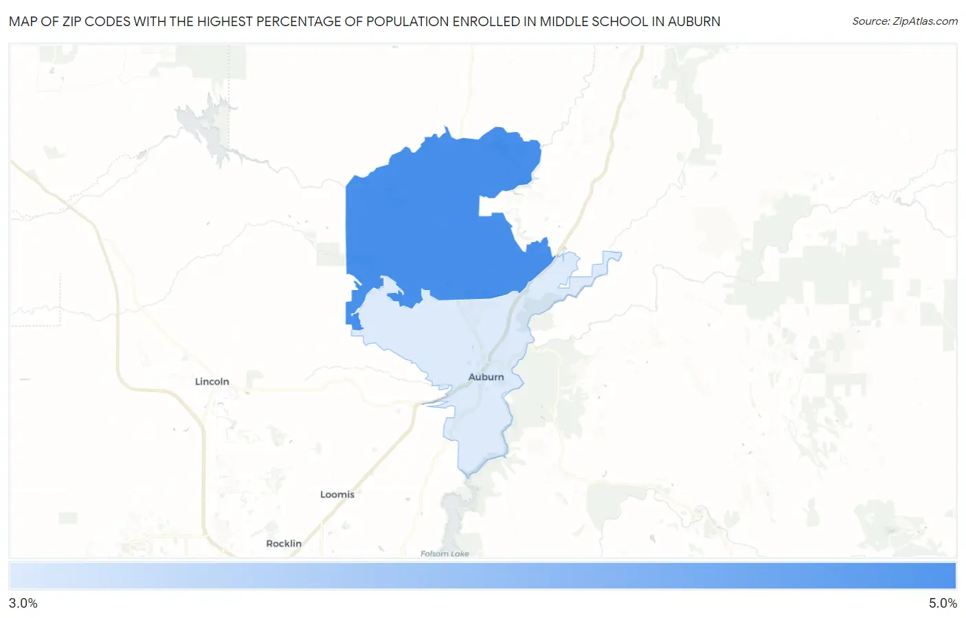 Zip Codes with the Highest Percentage of Population Enrolled in Middle School in Auburn Map