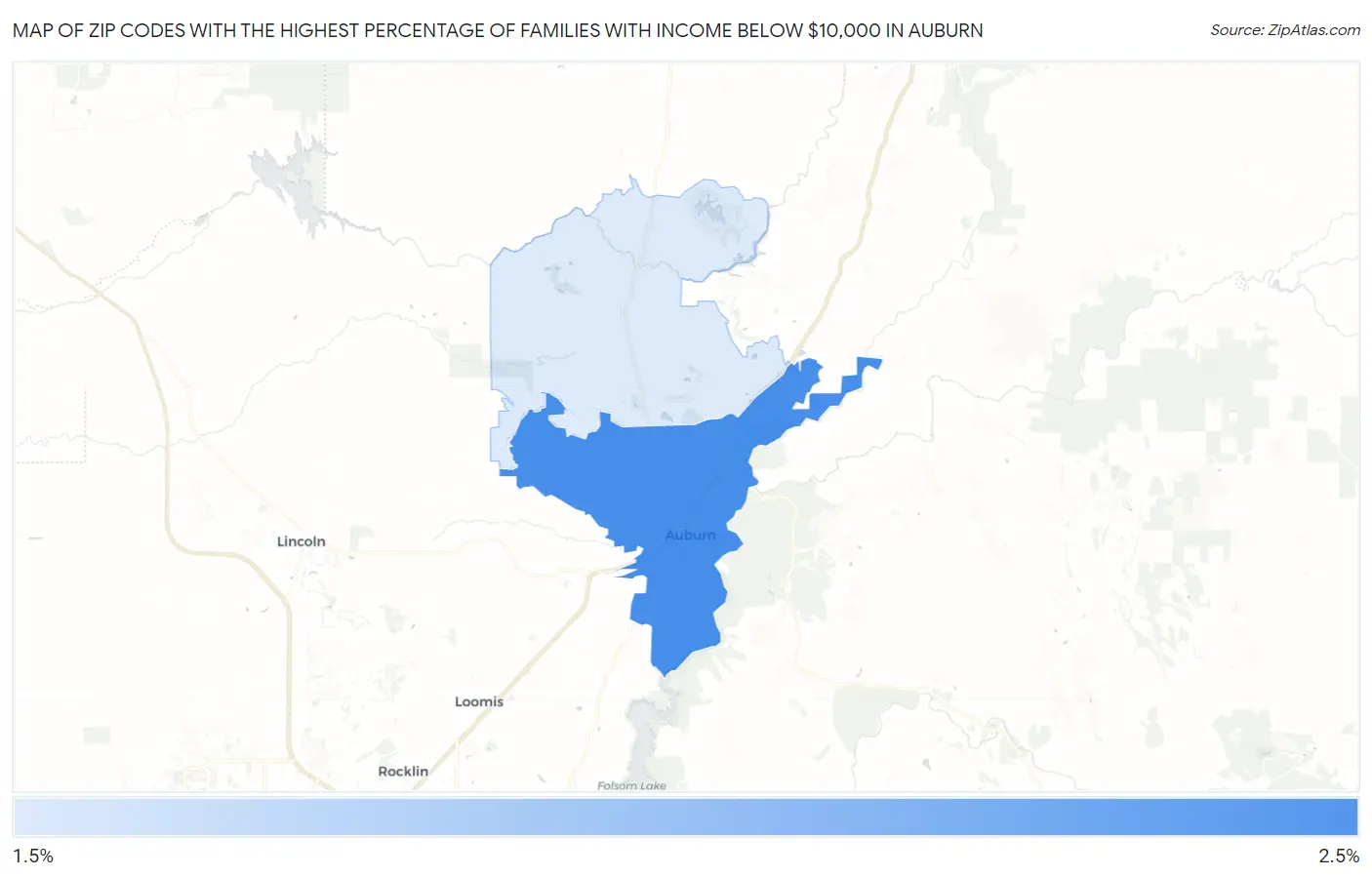 Zip Codes with the Highest Percentage of Families with Income Below $10,000 in Auburn Map