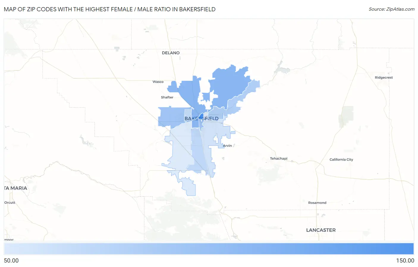 Zip Codes with the Highest Female / Male Ratio in Bakersfield Map