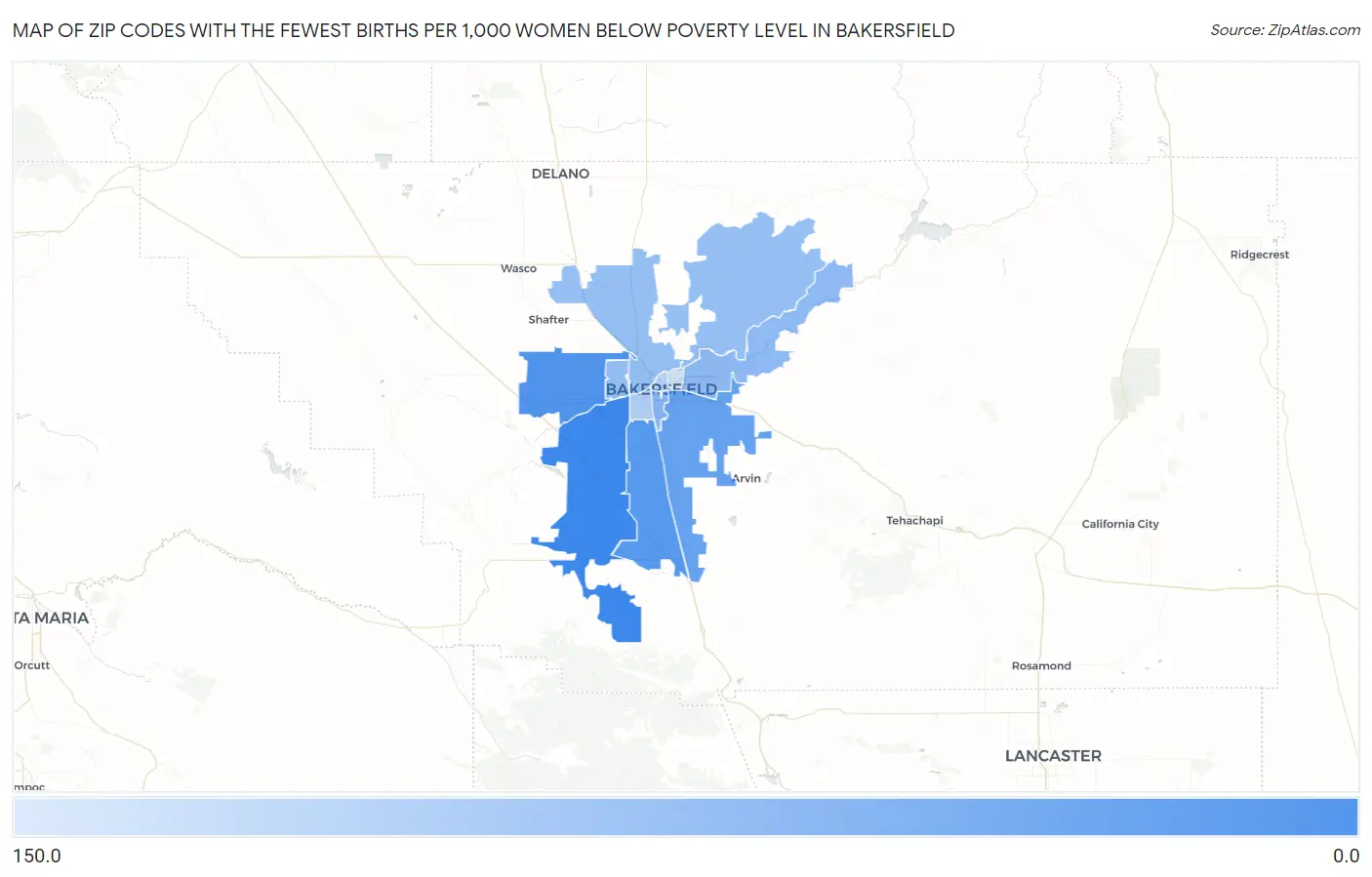Zip Codes with the Fewest Births per 1,000 Women Below Poverty Level in Bakersfield Map