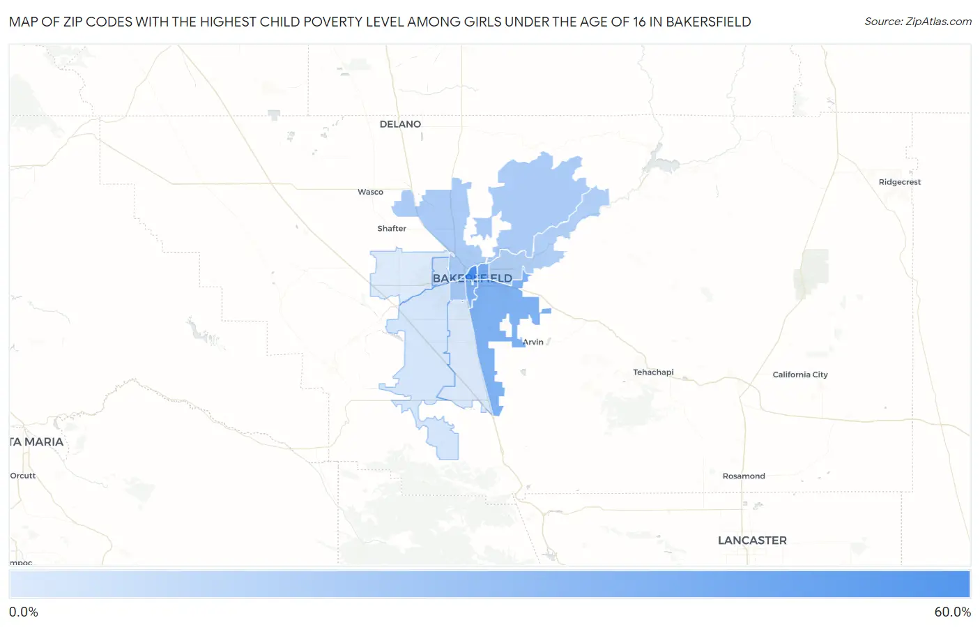 Zip Codes with the Highest Child Poverty Level Among Girls Under the Age of 16 in Bakersfield Map