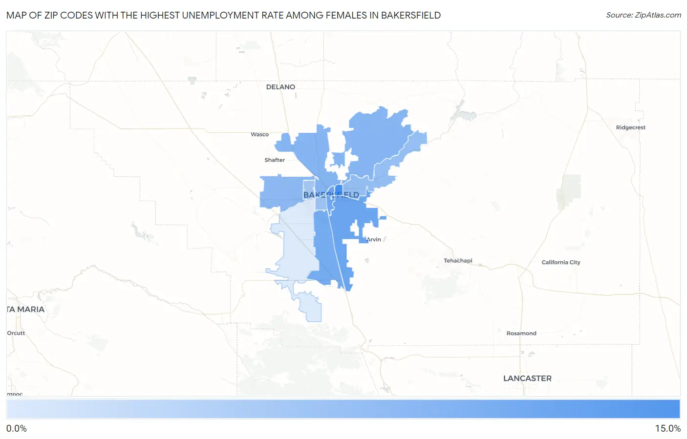 Zip Codes with the Highest Unemployment Rate Among Females in Bakersfield Map