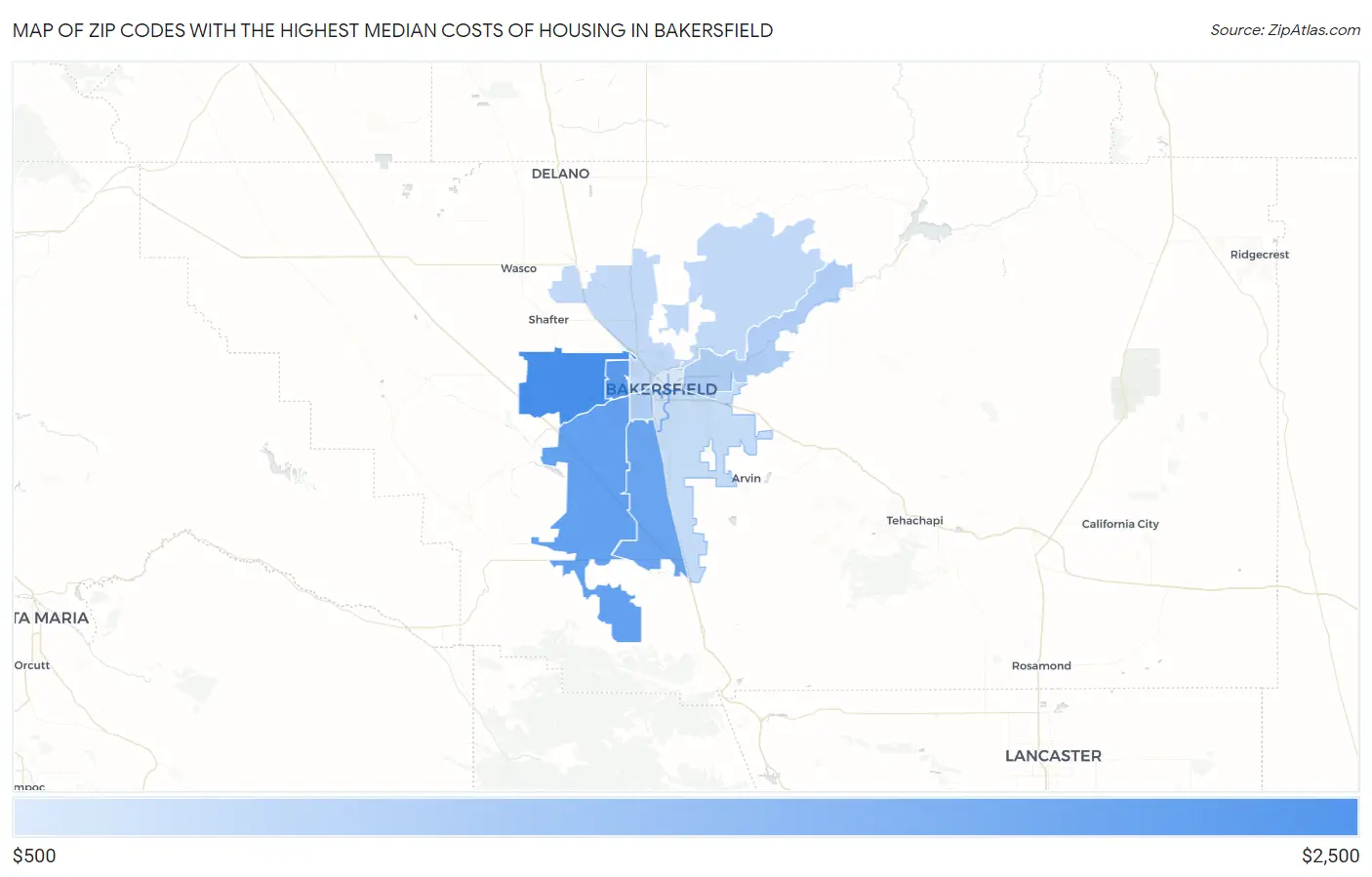 Zip Codes with the Highest Median Costs of Housing in Bakersfield Map
