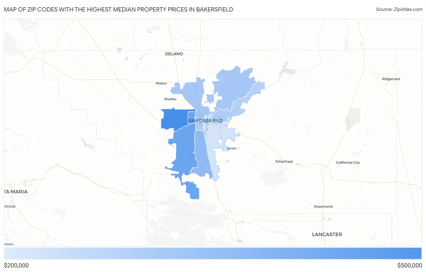Zip Codes with the Highest Median Property Prices in Bakersfield Map