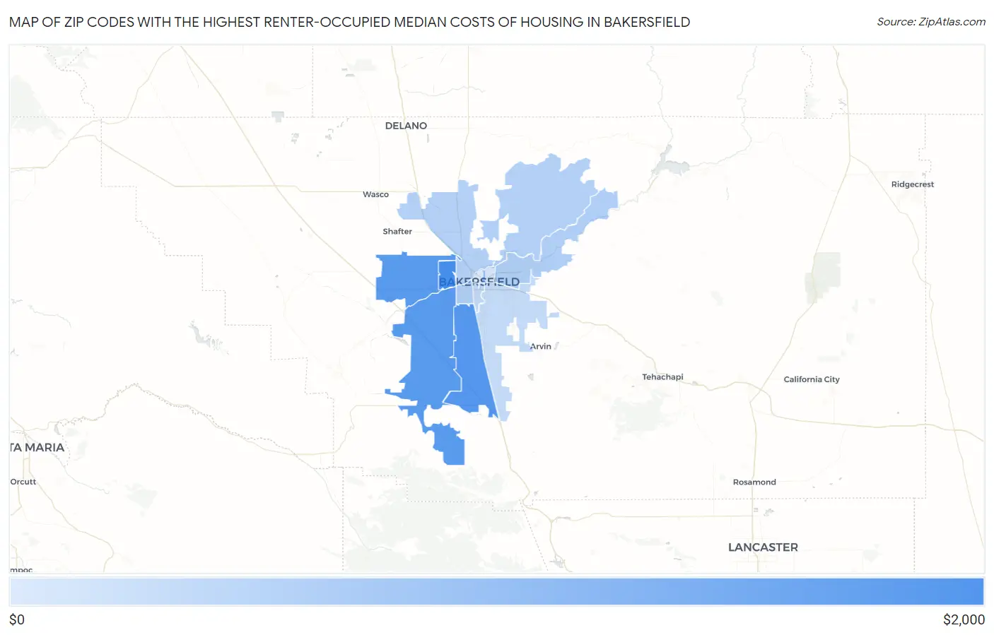 Zip Codes with the Highest Renter-Occupied Median Costs of Housing in Bakersfield Map
