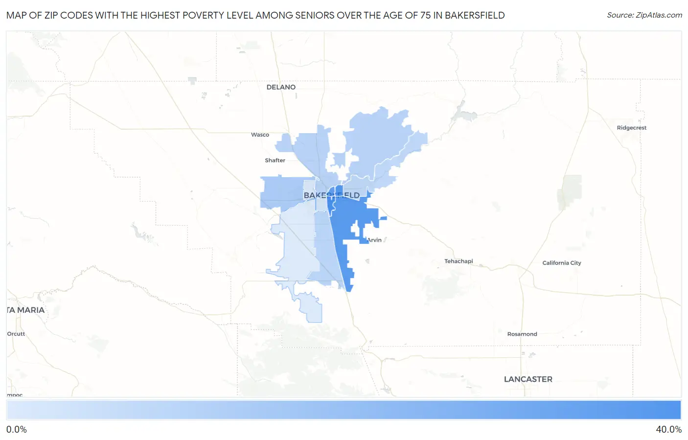 Zip Codes with the Highest Poverty Level Among Seniors Over the Age of 75 in Bakersfield Map