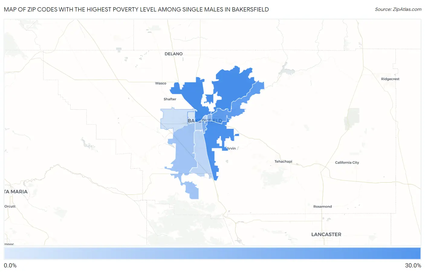 Zip Codes with the Highest Poverty Level Among Single Males in Bakersfield Map