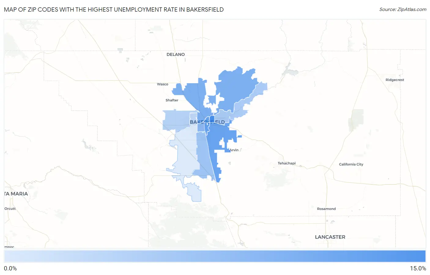 Zip Codes with the Highest Unemployment Rate in Bakersfield Map