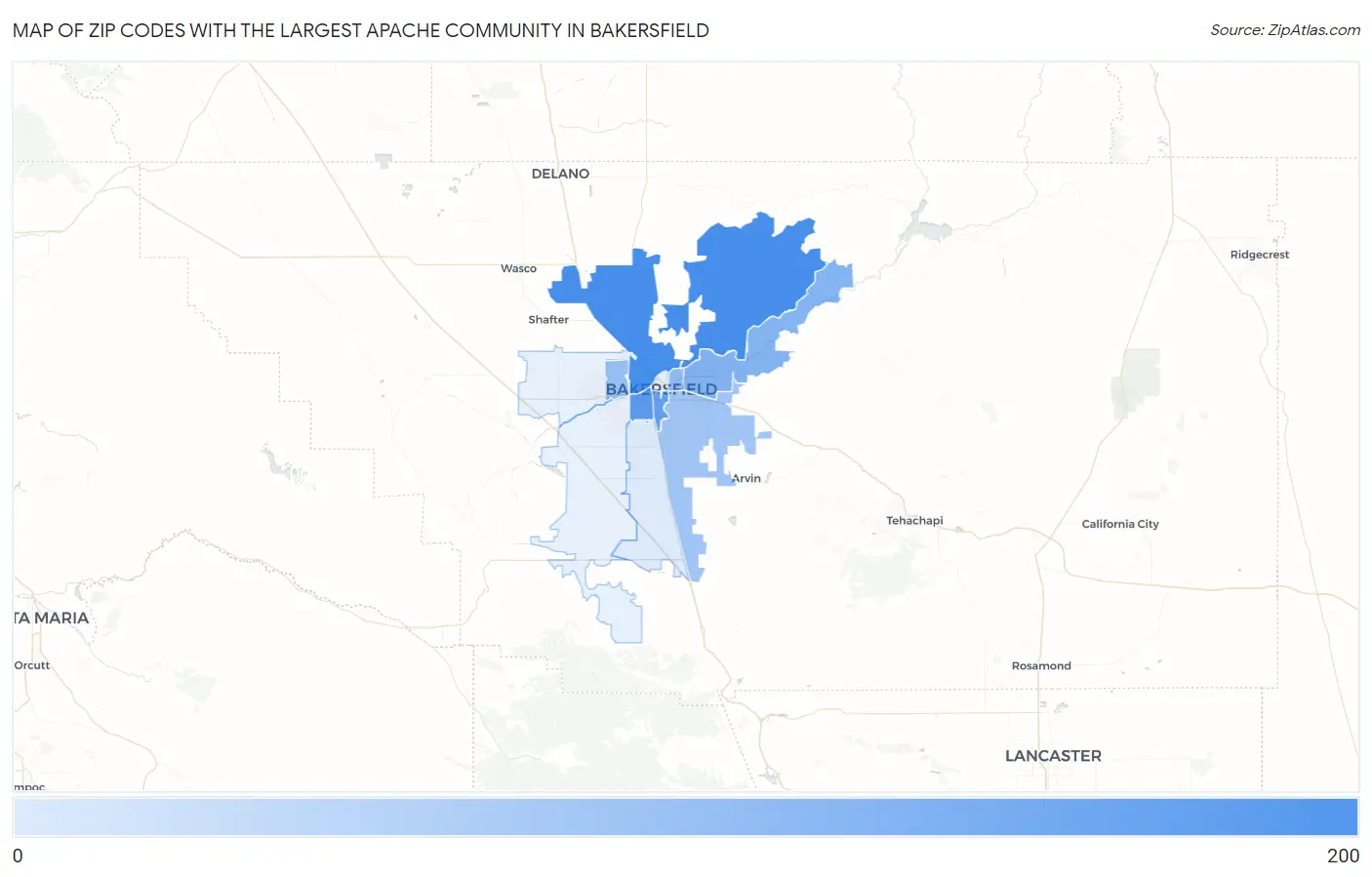 Zip Codes with the Largest Apache Community in Bakersfield Map