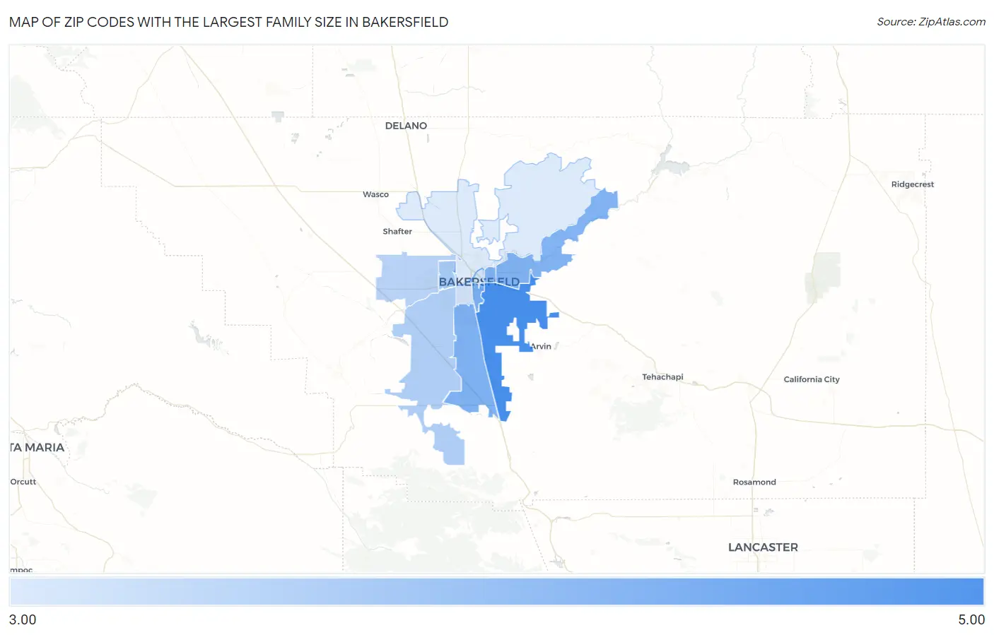 Zip Codes with the Largest Family Size in Bakersfield Map