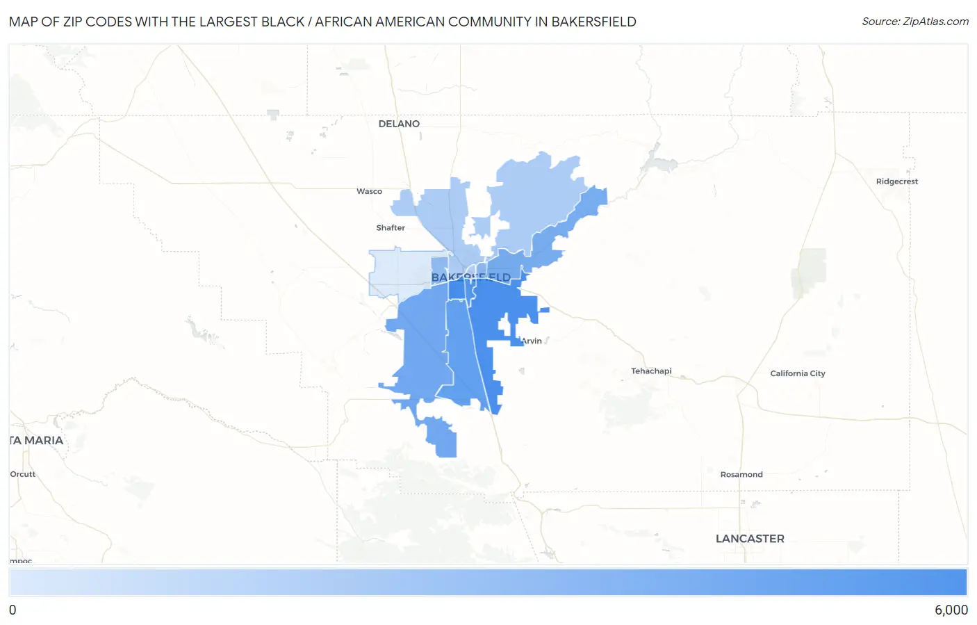 Zip Codes with the Largest Black / African American Community in Bakersfield Map