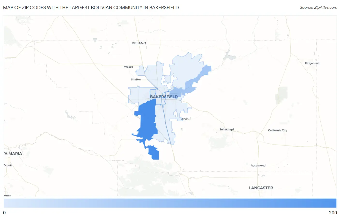 Zip Codes with the Largest Bolivian Community in Bakersfield Map