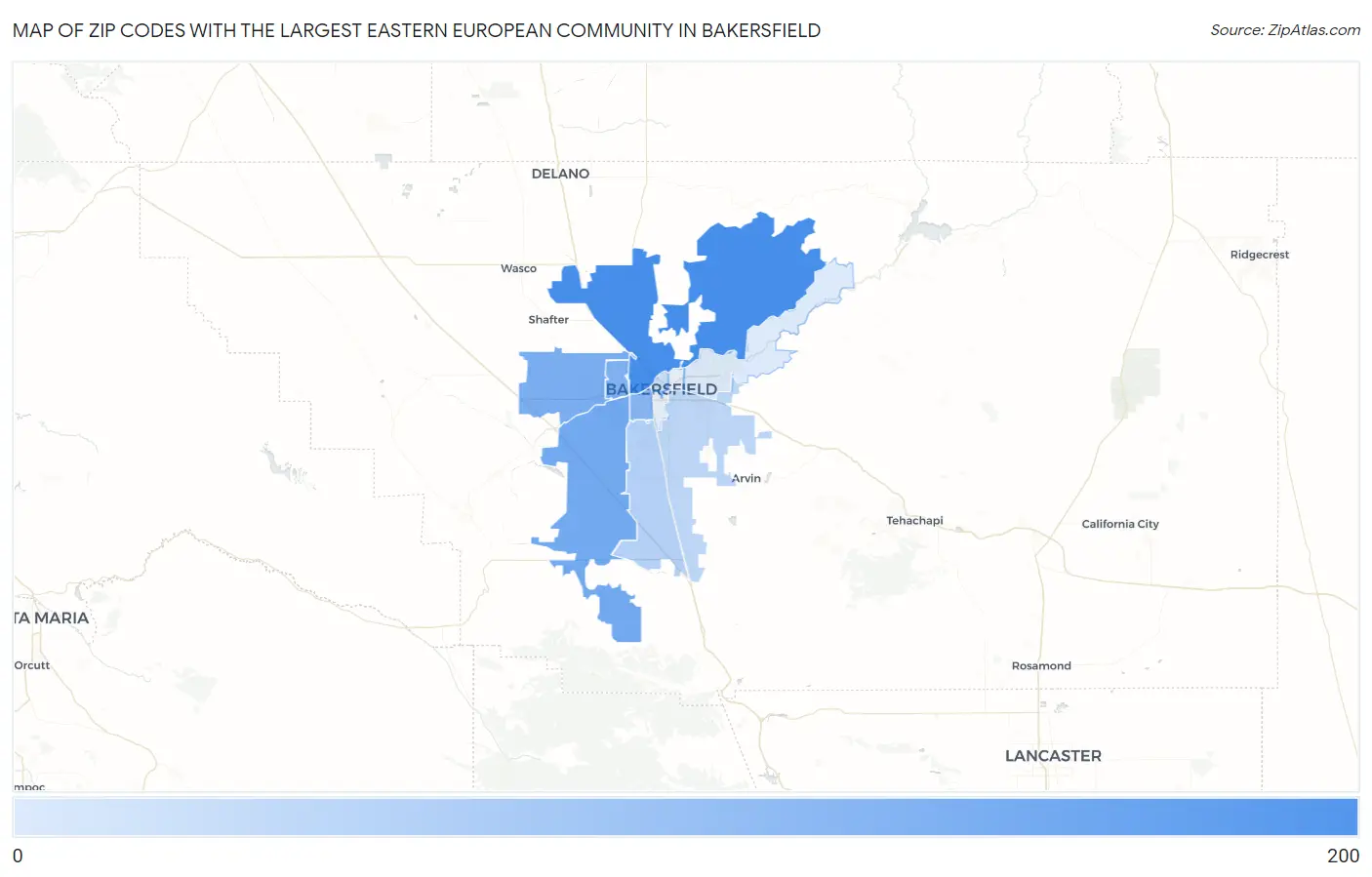 Zip Codes with the Largest Eastern European Community in Bakersfield Map