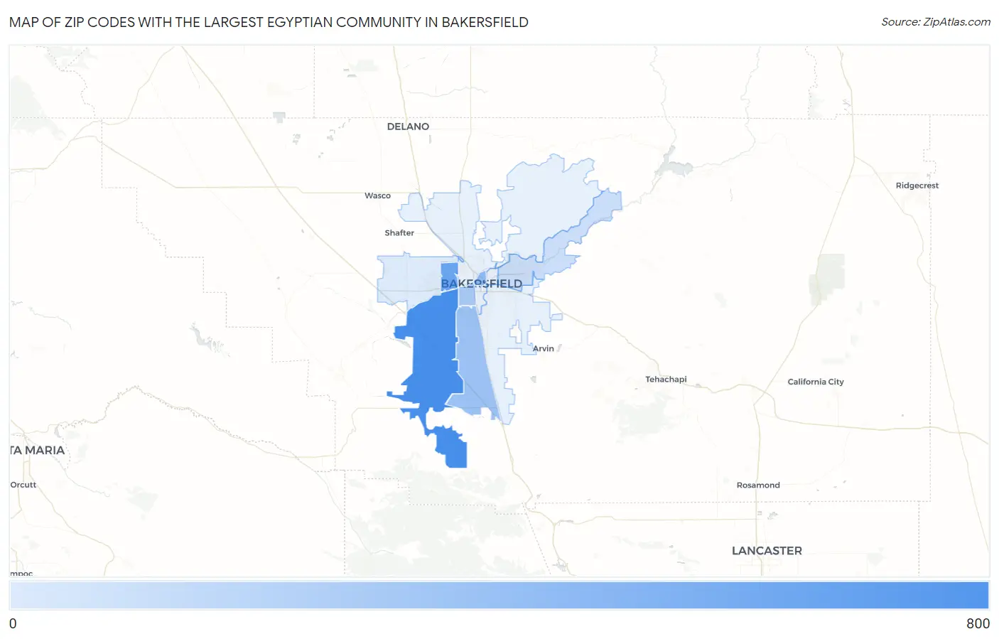 Zip Codes with the Largest Egyptian Community in Bakersfield Map