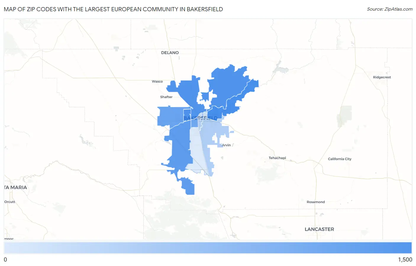 Zip Codes with the Largest European Community in Bakersfield Map