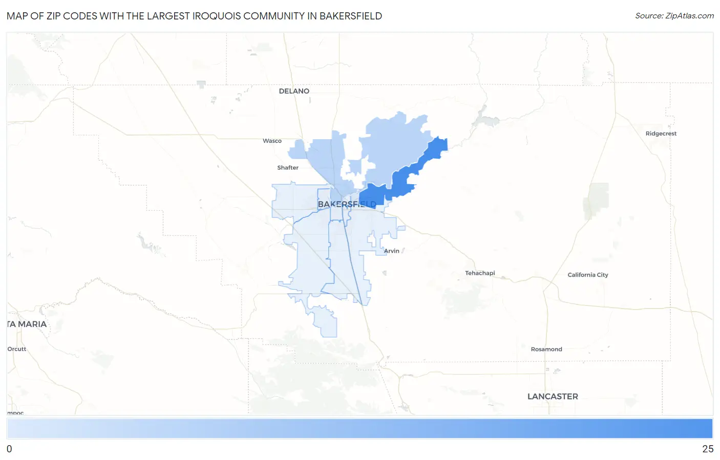 Zip Codes with the Largest Iroquois Community in Bakersfield Map