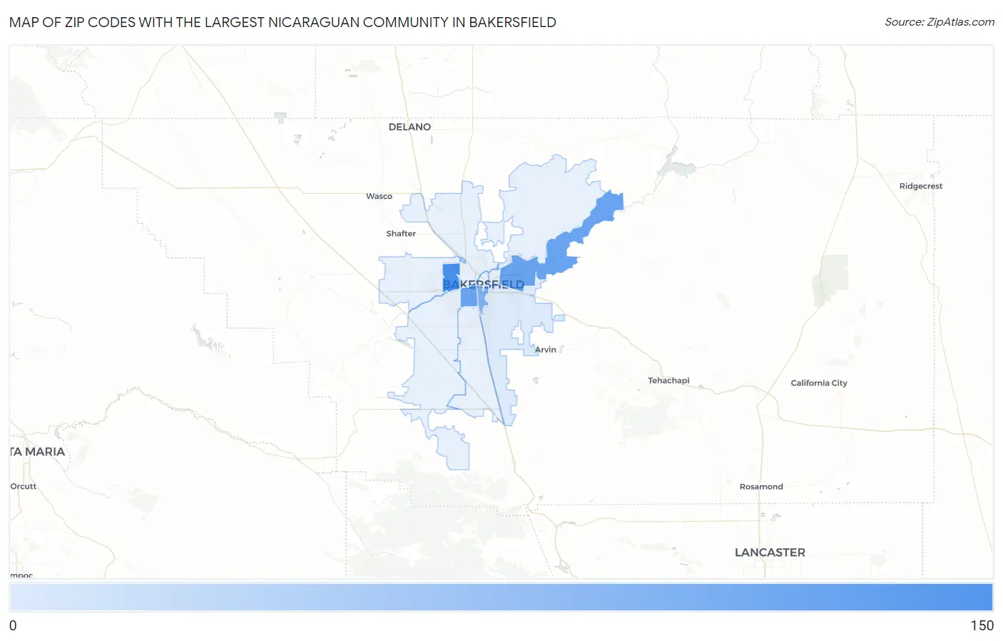 Zip Codes with the Largest Nicaraguan Community in Bakersfield Map