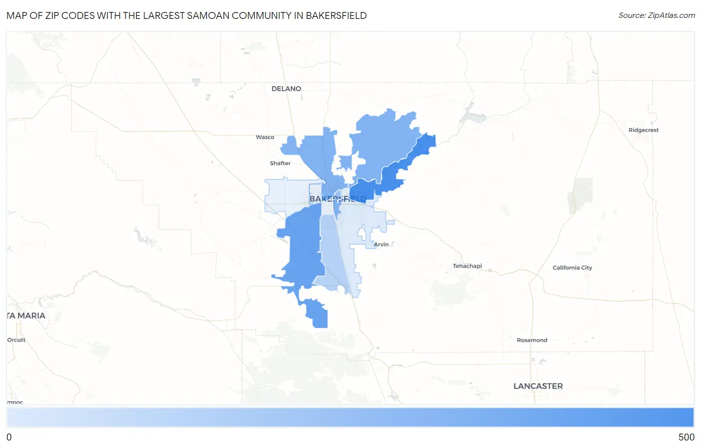 Zip Codes with the Largest Samoan Community in Bakersfield Map