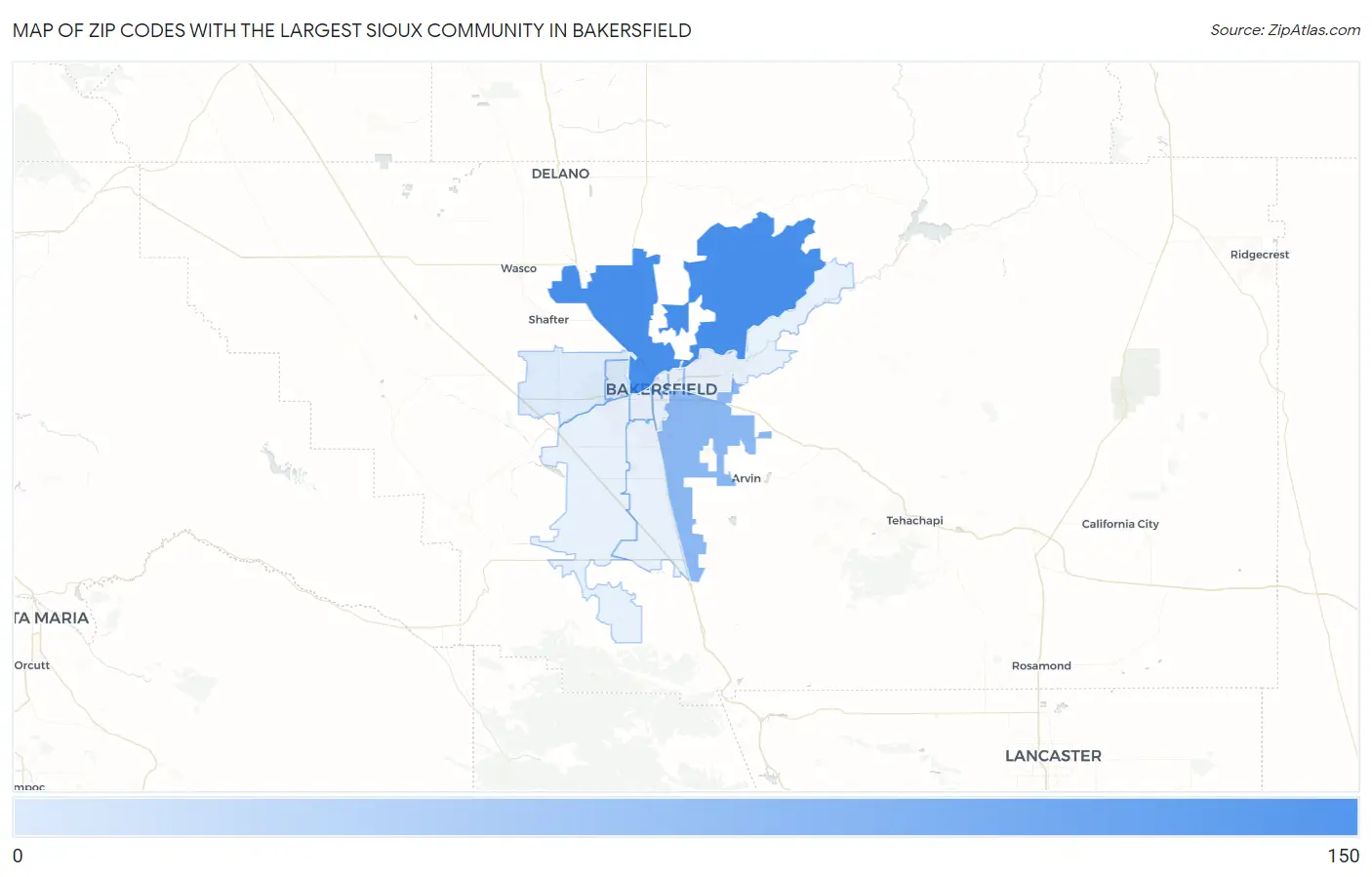 Zip Codes with the Largest Sioux Community in Bakersfield Map