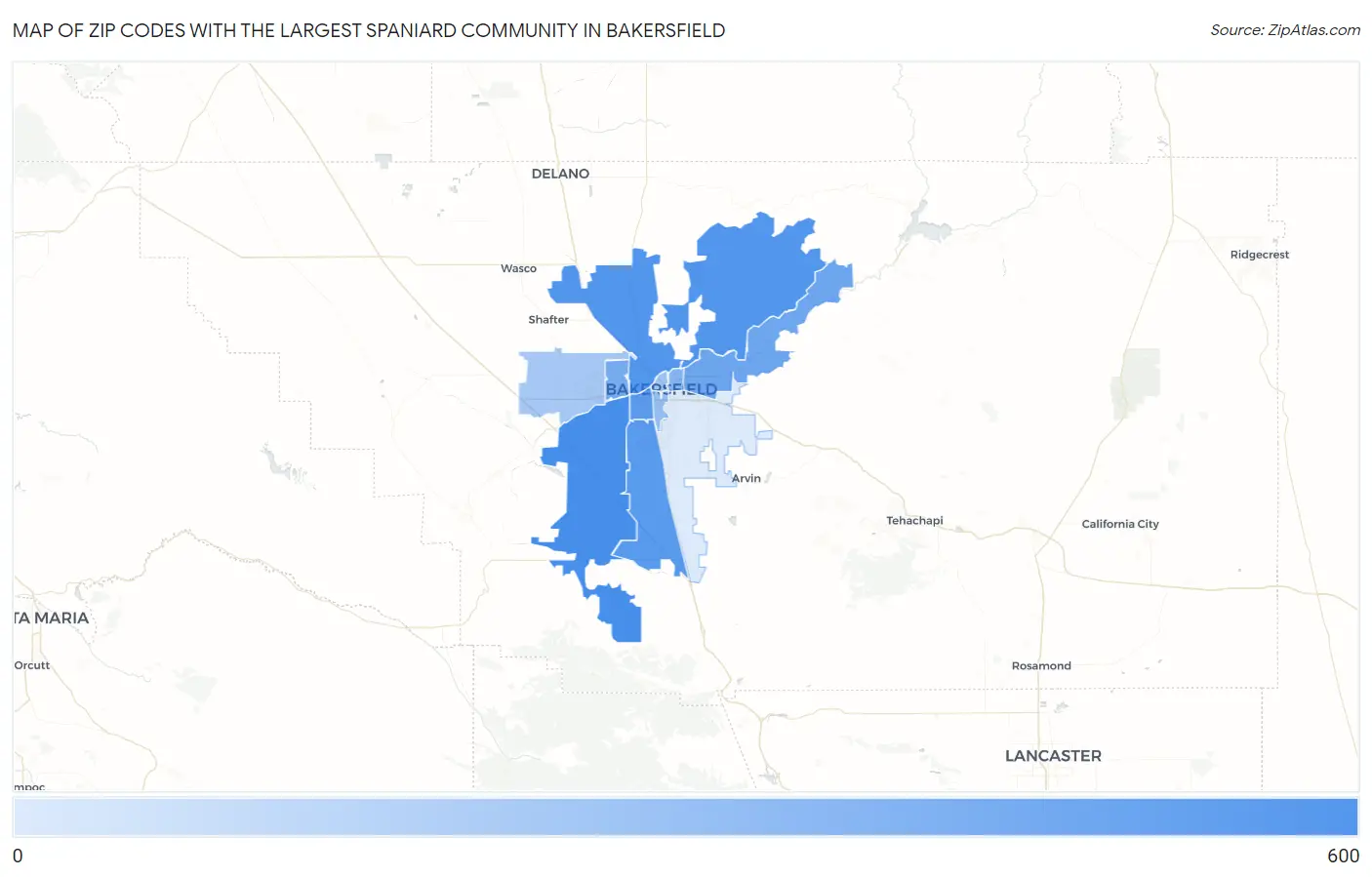 Zip Codes with the Largest Spaniard Community in Bakersfield Map
