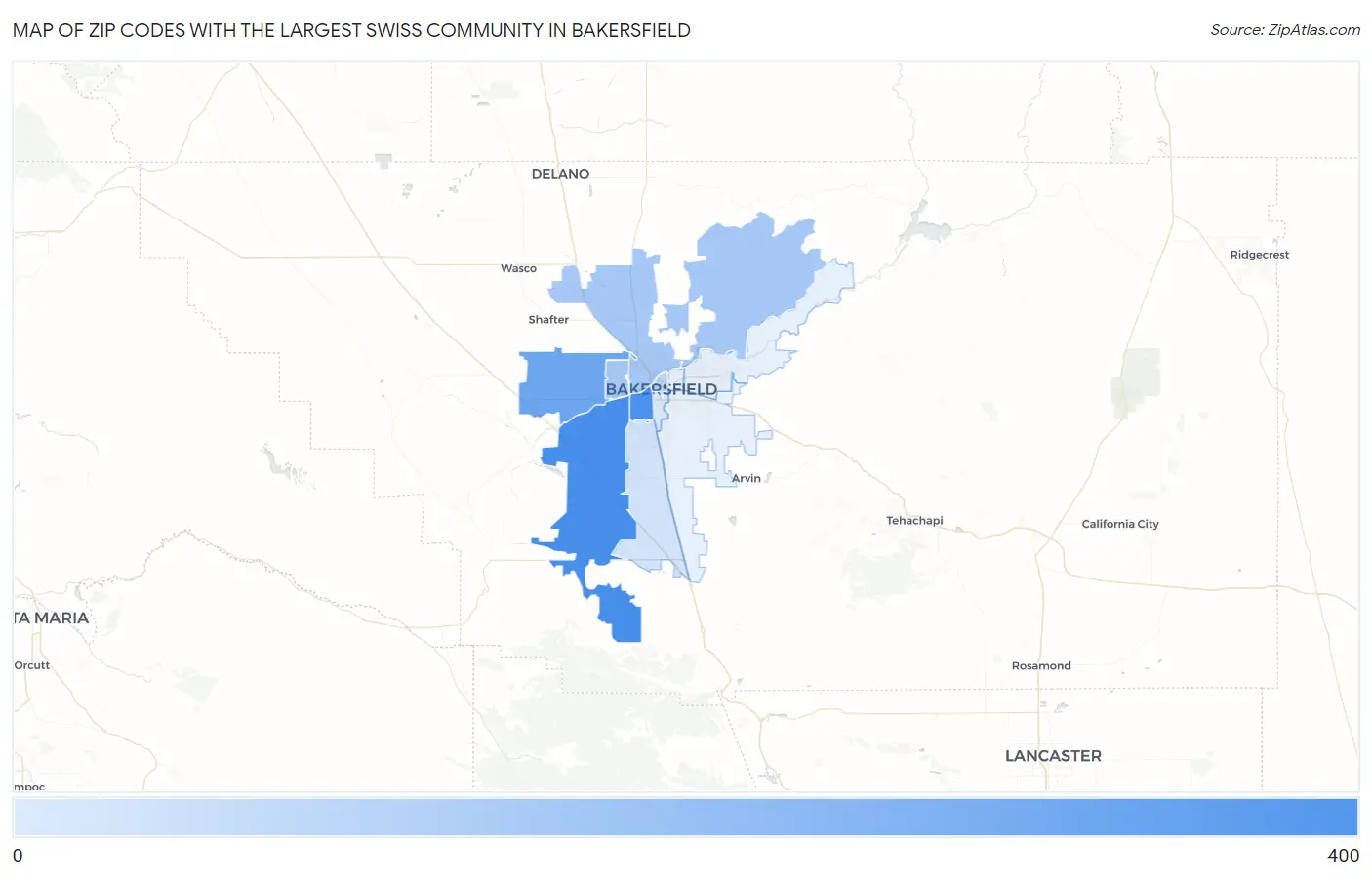 Zip Codes with the Largest Swiss Community in Bakersfield Map